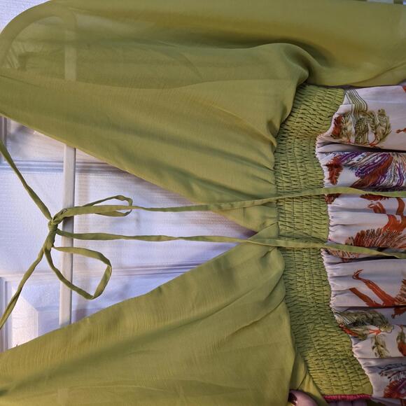 Anthro A'Reve Women's Mini Dress w/ Green Sheer Sleeves & Floral Skirt- Medium - Picture 5 of 8
